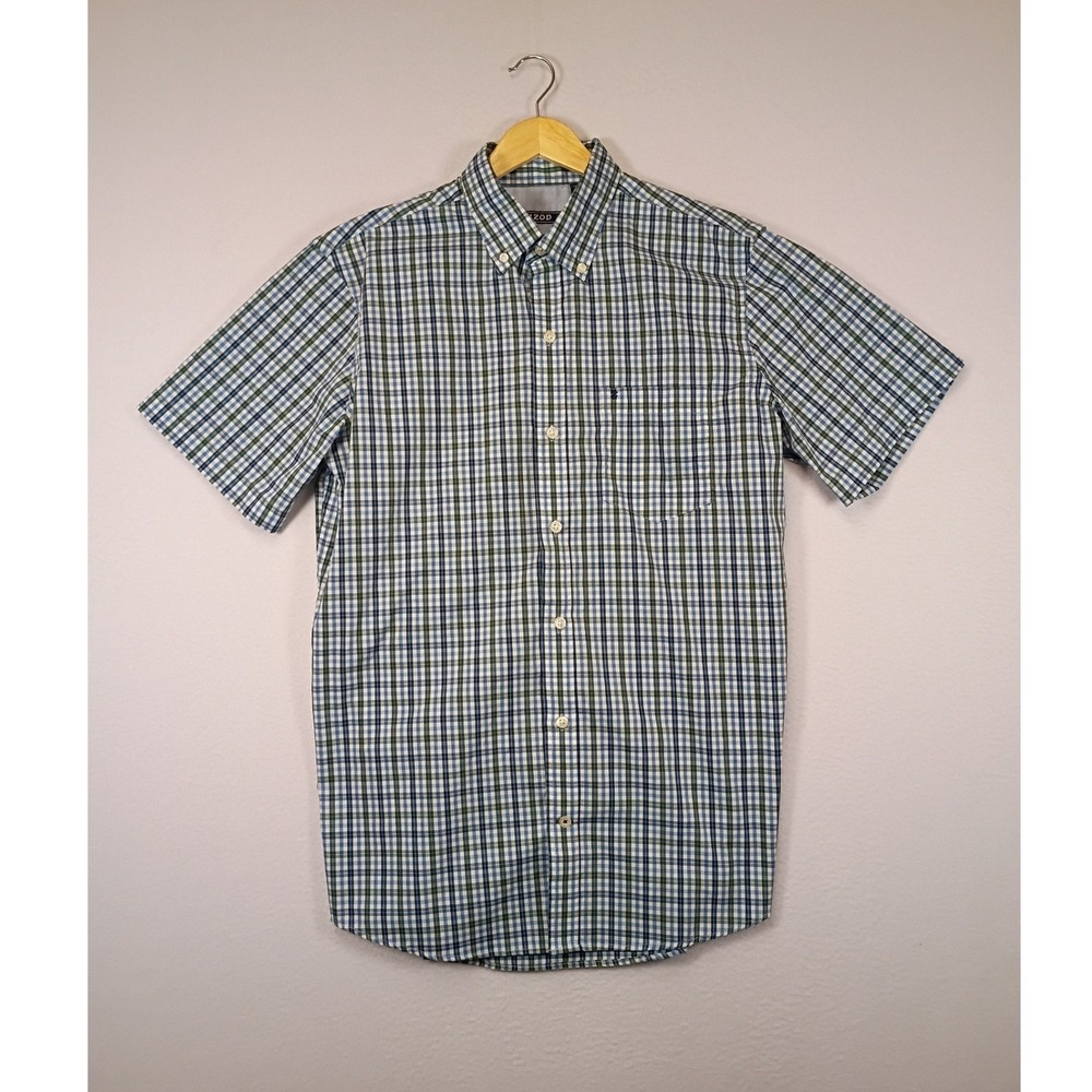 Classic Preppy IZOD Mens Size M Blue Green Plaid Short Sleeve Button Down Shirt